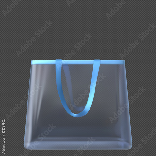 Transparent tote bag with handles, fashion blue shopping pouch, empty plastic handbag pocket vector mockup front view