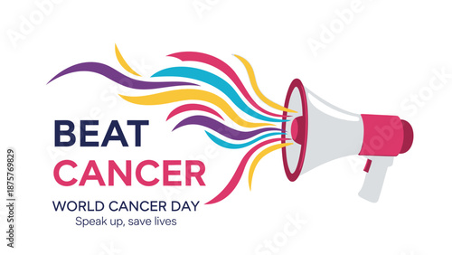 Megaphone announcing world cancer day with colorful smoke and bold text on white background