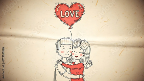 Valentine's Day A vector illustration of a loving couple embracing with a heart-shaped balloon