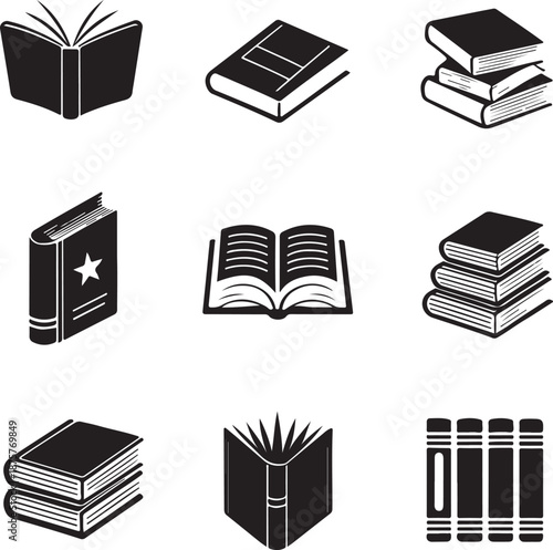Collection of various book icons in black and white illustrations