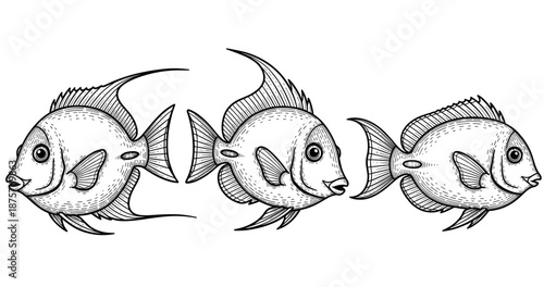 Three detailed hand-drawn fish with fins and scales in profile view