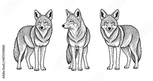 Three intricate black and white coyote illustrations with detailed fur and expressions