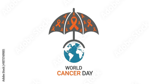 World cancer day awareness graphic with orange ribbon umbrella over globe