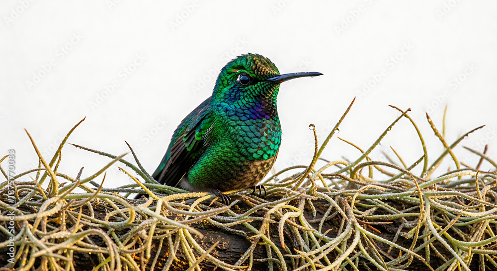 Fototapeta premium Iridescent Green Hummingbird Perched on Mossy Branch Against Bright White Background