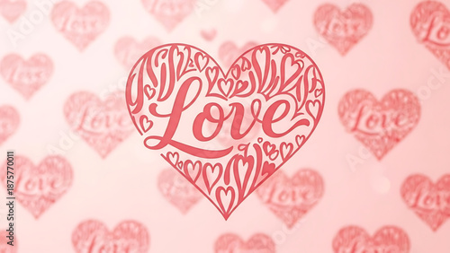 Valentine's Day A pink heart-shaped vector graphic with the word Love written in cursive script