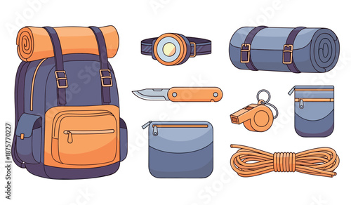 Hiking gear set with backpack, sleeping bag, knife, and accessories