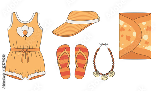 Summer beach outfit with orange romper, straw hat, and accessories