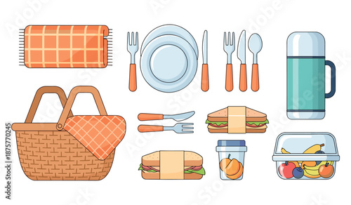 Picnic essentials set with basket, sandwiches, cutlery, and fresh fruits