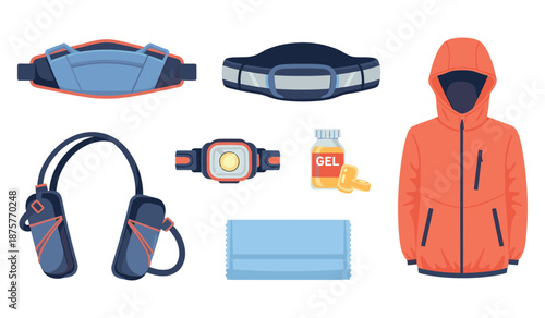 Trail running gear collection: belt, headlamp, gel, hydration, jacket