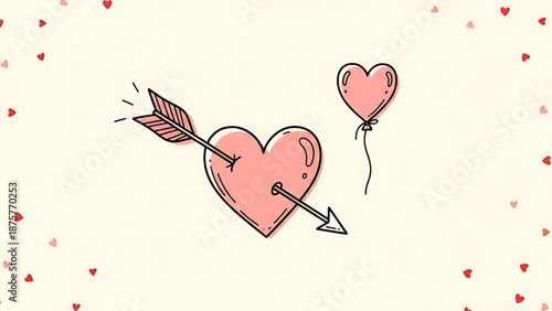 Valentine's Day A cute illustration of a heart pierced by an arrow with a balloon and small hearts in the background
