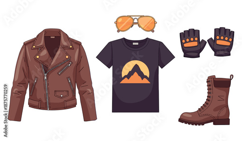 Biker style outfit with brown leather jacket, boots, graphic tee, and accessories