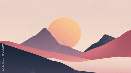 Serene Minimalist Landscape with Mountains and Soft Sun Illustration