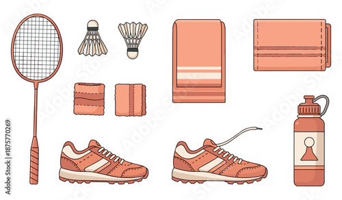 Badminton equipment and accessories: racket, shuttlecocks, shoes, towel, water bottle