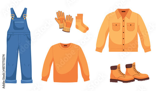 Blue overalls with orange jacket, sweater, gloves, socks, and boots on white background
