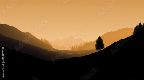 Serene Sunset Over Silhouetted Mountains and Tranquil Valley Scene