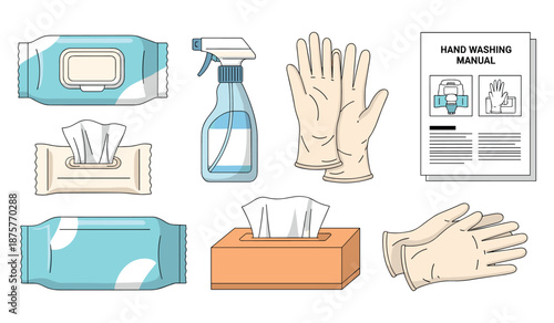 Hand hygiene essentials: wipes, spray, gloves, and manual for effective cleaning