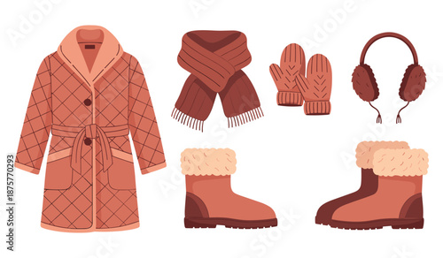 Winter clothing set: coat, scarf, mittens, ear muffs, and boots in brown tones