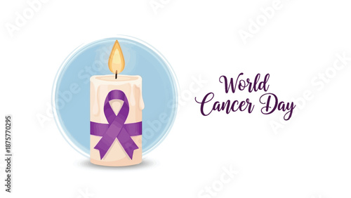 Candle with purple ribbon symbolizing world cancer day awareness campaign soft lighting and simple background design