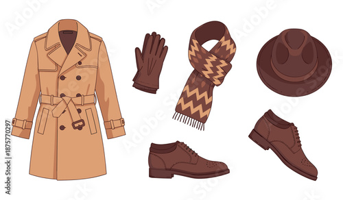 Classic men's winter fashion items: coat, shoes, hat, gloves, scarf
