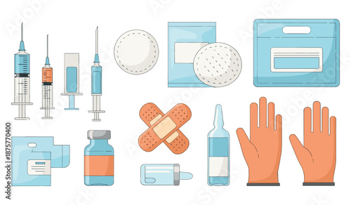 Medical supplies kit with syringes, bandages, gloves, and vials on white background