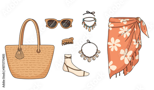 Summer beach accessories: woven bag, sunglasses, jewelry, and floral sarong