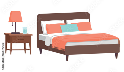 Modern bedroom with stylish lamp and cozy bed with orange accents