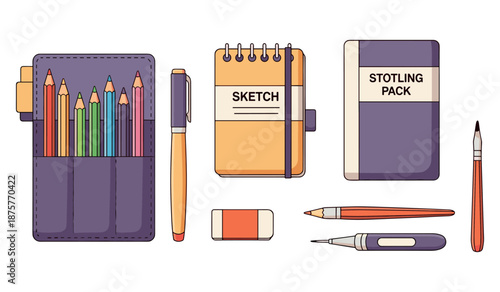 Art supplies set with pencils, notebook, and pens for creative projects