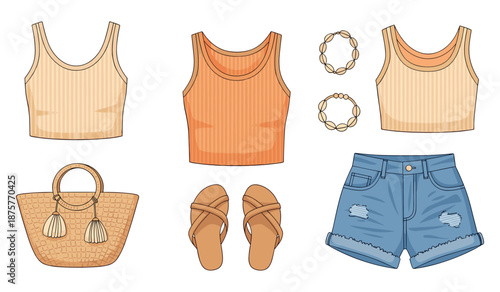 Casual summer outfit with crop tops, denim shorts, sandals, straw bag, hoop earrings