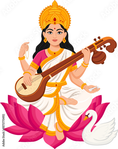Goddess Saraswati Playing Veena on Lotus Illustration