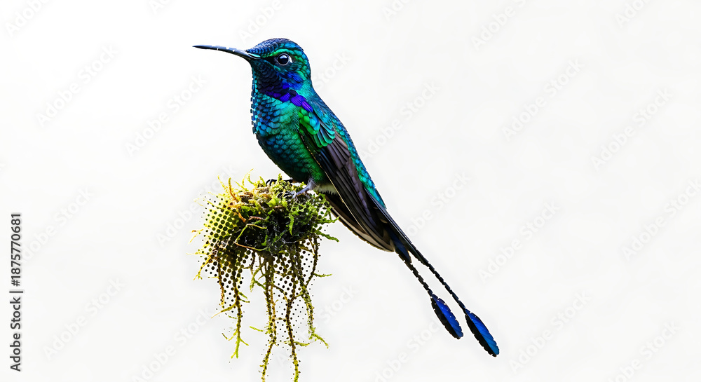 Fototapeta premium Dazzling Long-Tailed Sylph Hummingbird Perched on Moss Against White Background