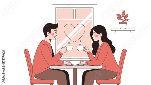 A heartwarming valentine's day illustration celebrating love and romance over coffee with a couple sharing a sweet moment