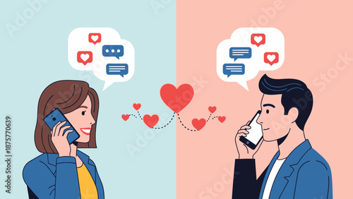 Celebrating Valentine's Love A modern digital romance connecting hearts across distance through phone communication, symbolizing strong emotional bonds
