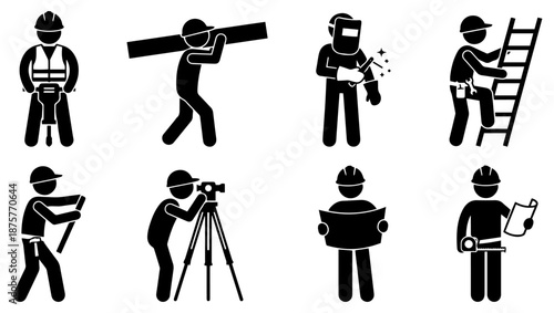 Construction Workers Black Silhouette Icon Set in Various Working Poses on White Background, construction, worker, workers, silhouette, icon set, construction icons, builder, labor, labour, industry,