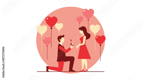 A heartfelt Valentine's Day marriage proposal scene, capturing the essence of pure love and romance with a man on one knee offering a ring amidst floating heart balloons