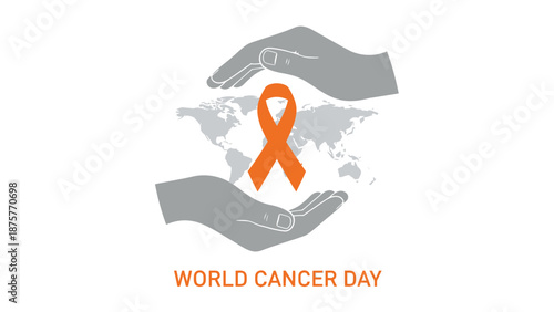World cancer day awareness symbol with orange ribbon and hands cradling globe