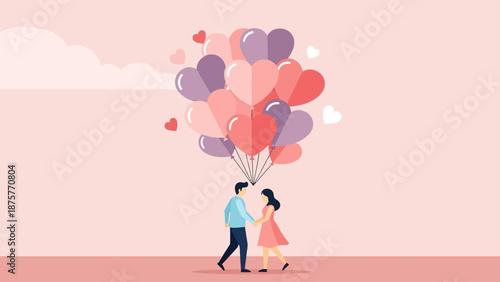 A heartwarming illustration of a couple walking hand-in-hand, celebrating valentine's day with a bouquet of colorful heart-shaped balloons, symbolizing romantic love and affection