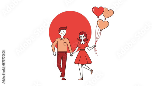 A couple in love walking hand-in-hand with balloons, celebrating the romantic spirit of valentine's day and eternal love