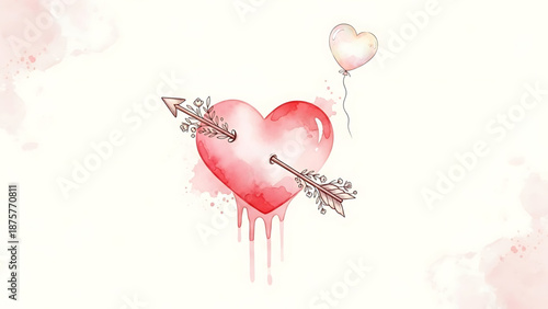 Valentine's Day A delicate watercolor illustration of a heart pierced by an arrow with a smaller heart floating above it