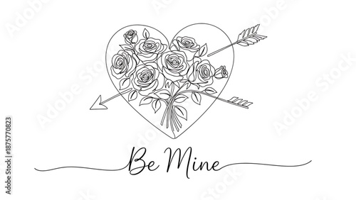 Valentine's Day A minimalist line art illustration of a heart with roses and an arrow, symbolizing love and affection.