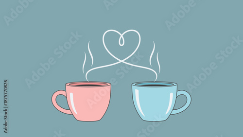 Valentine's Day Celebration Two Cups of Coffee With a Heart-Shaped Steam Symbolizing Love and Romance
