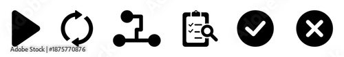 Workflow process status icon set showing start, progress, steps, review, completion and failure states for business dashboards SaaS interfaces onboarding flows and tracking system status indicators