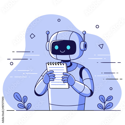 Cute smiling robot holding notepad with blue geometric background