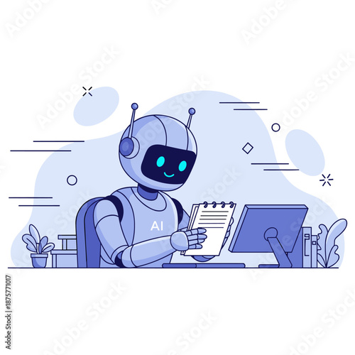 Friendly ai robot writing notes at a desk in an office setting