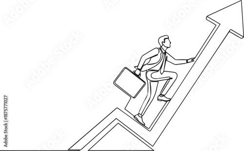 Businessman ascending an upward arrow representing career growth and financial progress