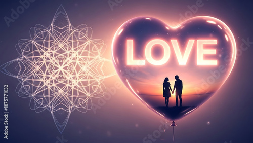 Valentine's Day A romantic vector graphic illustration of a couple in a heart-shaped balloon with a glowing love sign at sunset