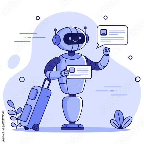 Cute robot traveler chatting with luggage in hand