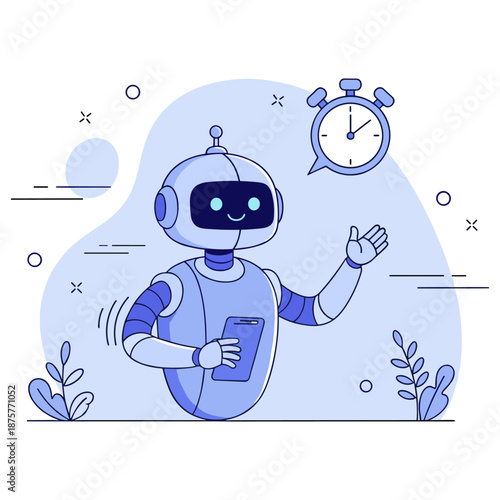 Friendly robot with timer and mobile device in hand