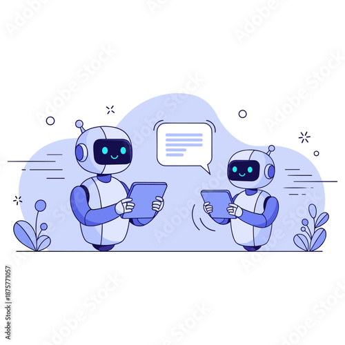 Friendly robot communication: two cute robots chatting with tablets
