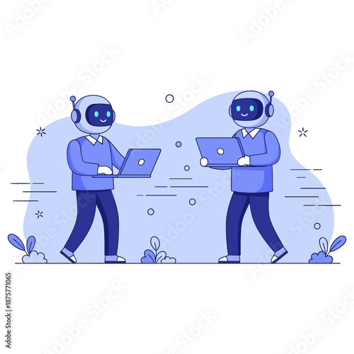 Two cartoon robots engaging in technology interaction with laptops