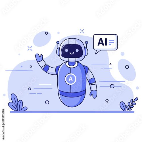 Friendly ai robot waving in blue cartoon style with speech bubble